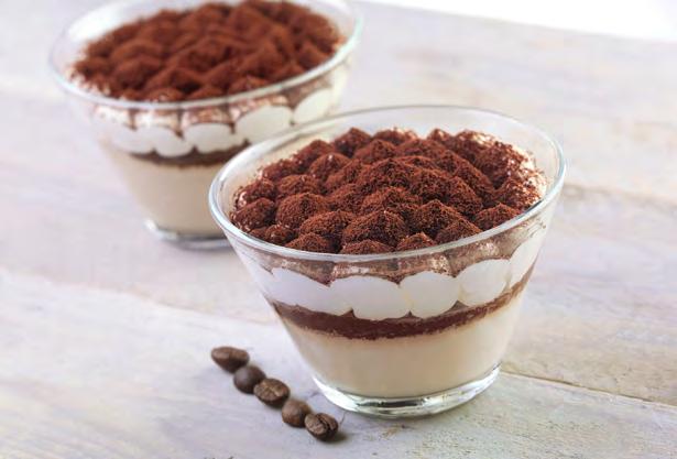 Single Servings - Signature Glass Collection TIRAMISÙ GLASS Sponge cake soaked in espresso, topped with mascarpone cream and dusted with cocoa powder