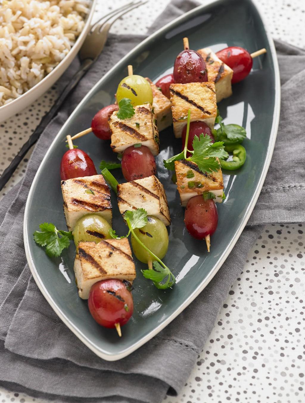 Tofu Grape Kebabs Makes 4 servings Jalapeño adds a pleasant kick to this tofu grape skewer. A perfect partner to spicy food, California grapes quench the heat with a burst of sweet flavor.