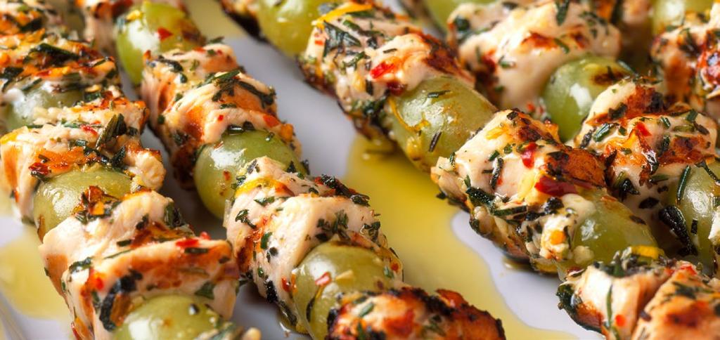 Mediterranean Grilled Chicken and Grape Skewers Makes 4 entrée servings; 6 appetizer servings Garlic, red pepper flakes, rosemary and lemon zest come together in a marinade that makes these grilled