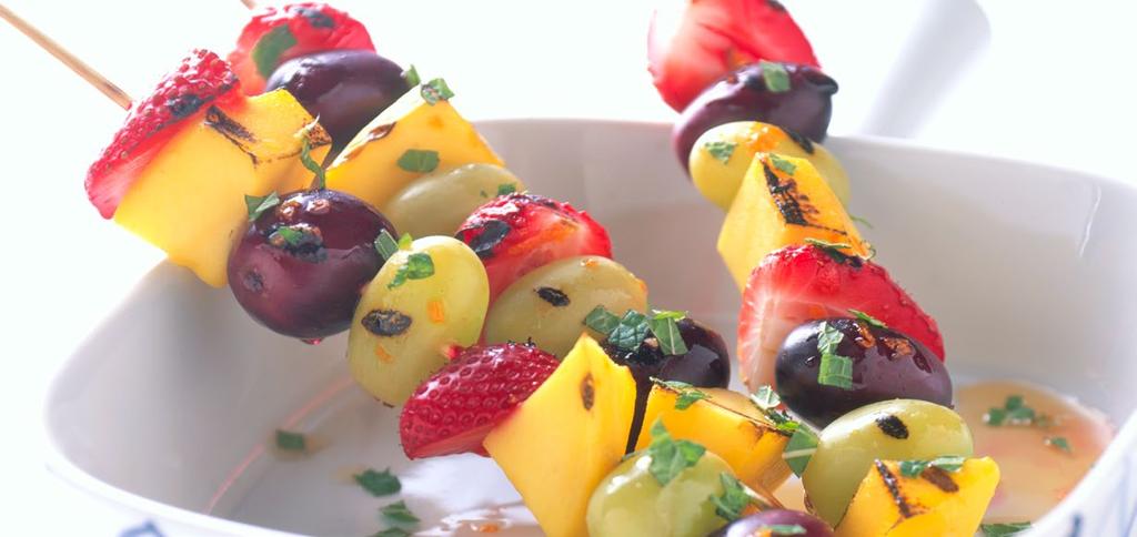Grilled Grape, Strawberry and Mango Skewers with Honey-Orange Glaze Makes 4 servings Experience the delight of warm, juicy California grapes with these grilled skewers.