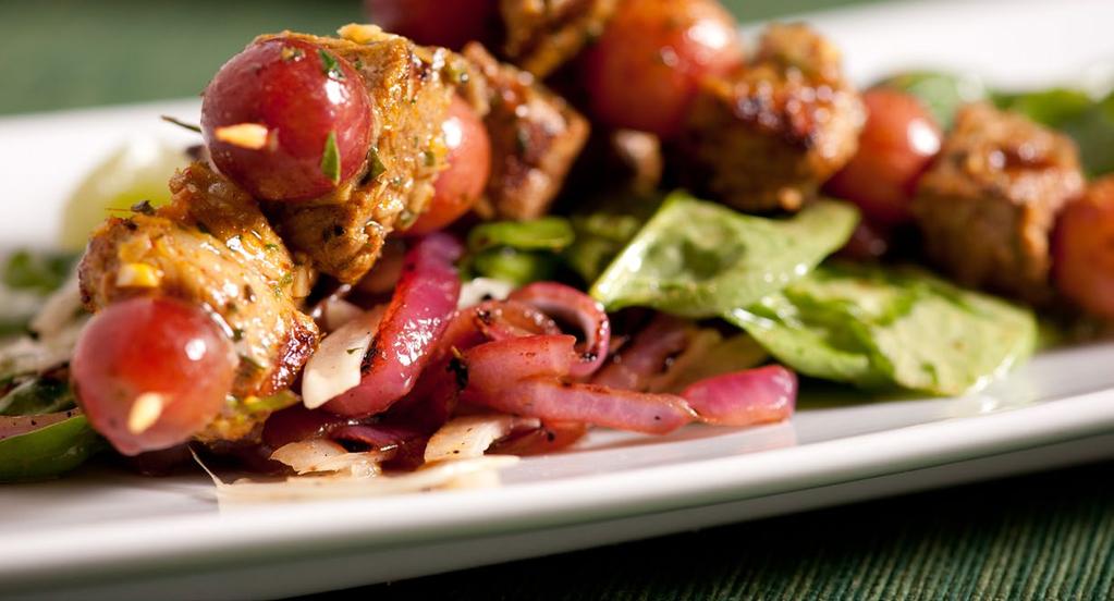 Grilled Spiced Pork and Grape Kebabs Makes 8 servings (2 skewers per serving) A flavorful blend of spices imparts bold, North African flavors to the pork, which is enhanced by sweet, juicy California