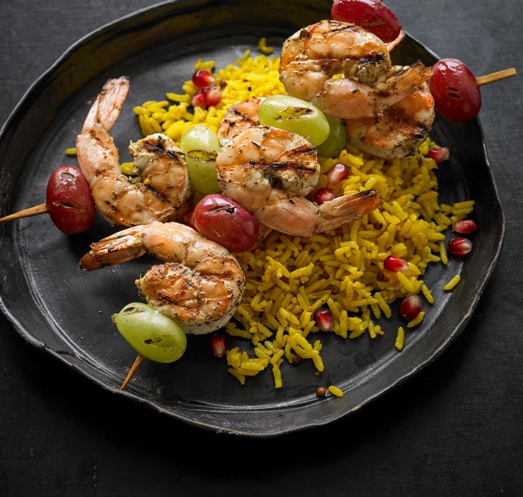 Zahtar Shrimp and Grape Kebabs Makes 6 servings Zahtar, a Middle Eastern spice blend of sumac, sesame seeds and thyme, imparts savory global flavor to shrimp that is perfectly complemented by warm,