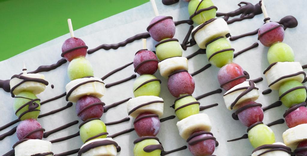 Frozen Grape and Banana Skewers with Chocolate Drizzle Makes 4 servings (2 skewers per serving) This delectable frozen fruit skewer recipe by registered dietitian, Ellie Krieger, is the perfect treat