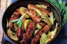 Apple and sausage one-pan roast Time: 10 mins to prepare and 50 mins to cook Serves: 4 6 Finnebrogue Good Little pork sausages 1 onion, cut into wedges 1tbsp wholegrain mustard 1tbsp maple syrup 2