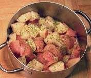 POTATOES, RED STEAMED - 82800 Potatoes = 1 day - quartered, held in water; 1 day - carried over 3 hours - discard at close 3 Quarts Potatoes Red Quartered, Skin on Chef knife 1 Tablespoon Salt