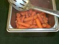 CARROTS, MAPLE GLAZED BABY - 80402 90 days - frozen 12 hours - prepared held under refrigeration 3 hours Maple Glazed Carrots half size s/s Pan 2 ½" Deep 2 Quarts Carrots Baby Large Cooks Spoon 1 Cup