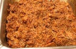 BBQ PULLED PORK - 80025 2 days - cooked and refrigerated 6 hours 1 Package Pork Roast Cooked Broken into 2" chunks, Drained Full Size Pan 3 Cups Sauce Honey Bbq Large Cooks Spoon Mixing Bowl 1 In a