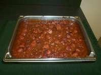 BEANS AND FRANKS - 80051 2 days - refrigerated 4 hours baked 2 Pounds Turkey Frank Cut into 8 pieces half size s/s Pan 2 ½" Deep 1 #10 Can Navy Beans, Undrained Mixing Bowl 1 Quart Sauce Honey Bbq