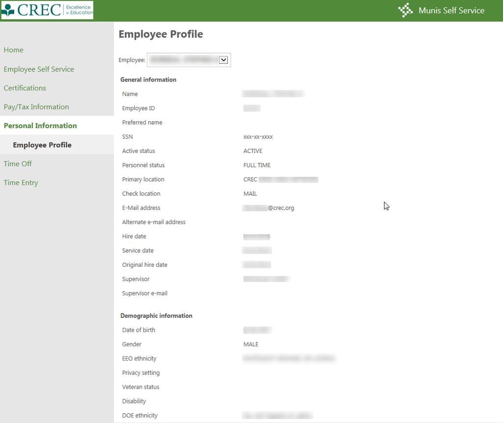 Employee Profile Click View Profile to view a more detailed personal profile on the Employee Profile page. This page displays your general information, demographic information, and DOE race details.