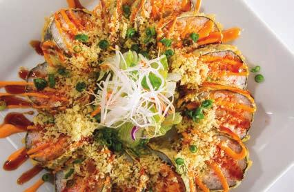 95 Tempura shrimp, spicy tuna, crab stick, cucumber, and topped with avocado, shrimp, white sauce, eel