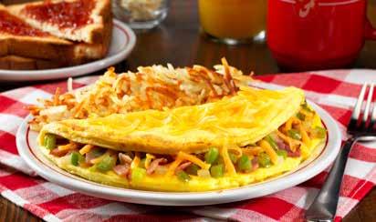 French toast and syrup with bacon, sausage, ham or 5 6 7 8 Omelettes are served with hash browns, toast and