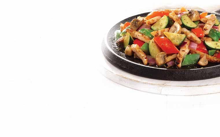 CHICKEN SKILLET GS * Skillet-baked tender chicken breast, red and green peppers, red onions, tomatoes, mushrooms and zucchini with garlic spread. Choice of BBQ or honey-garlic sauce. 15.