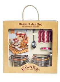 Set includes: 2 x 4 fl oz Kilner clip top jars 2 x Stainless steel teaspoons 6 x Dessert tags 3 x Meters of coordinating ribbon 1 x Booklet with