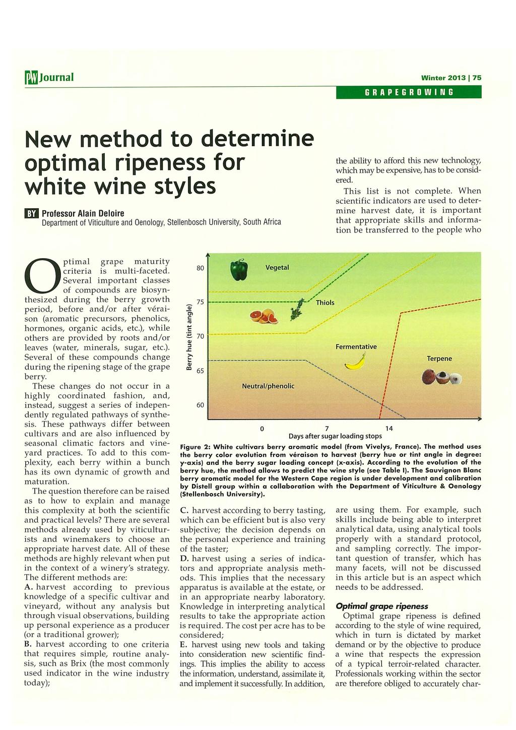 I'JournaI Winter 2013 175 l:l1j1l:ii1llill New method to determine optimal ripeness for white wine styles 131 Professor Alain Deloire Department of Viticulture and Oenology, Stellenbosch University,