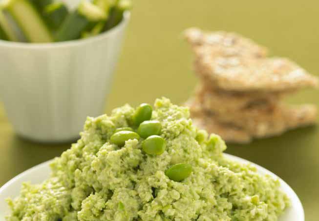 Edamame Hummus United Soybean Board 2 cups shelled edamame, cooked according to package directions 1/4 cup soybean oil 3 Tbsp. lemon juice 2 tsp. garlic, chopped 3/4 tsp. cumin, ground 1/2 tsp.