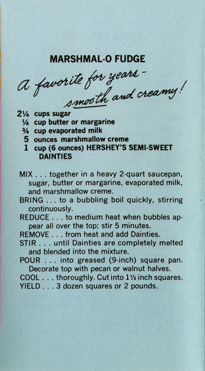 MARSHMAL-0 FUDGE 2VA cups sugar VA cup butter or margarine VA cup evaporated milk 5 ounces marshmallow creme MIX.