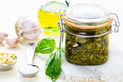 Pesto basil garlic pesto Yield: 1/2 cup (4 servings) You will need: food processor, spatula, measuring cups and spoons, grater or zester 2 cups basil, loosely packed 2 T pine nuts 2 T walnuts 2