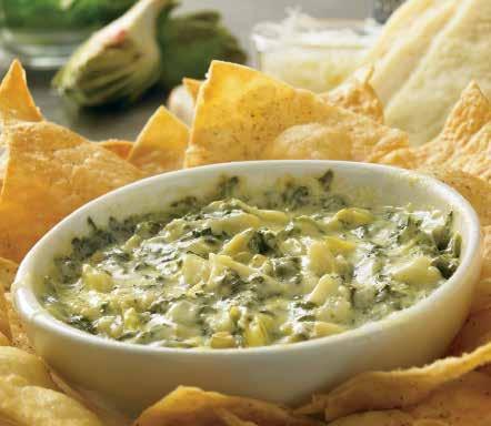 Baht 429 Spinach Artichoke Dip SPINACH ARTICHOKE DIP A creamy blend of spinach, artichokes, Monterey Jack and Parmesan cheeses, baked until bubbly. Served with tortilla chips.