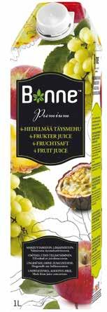 BONNE PREMIUM JUICES Juice content 100 %. Unsweetened. Additive free. Store unopened at room temperature 12 month, opened in refrigerator approx. 1 week.