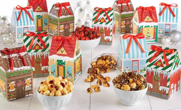 99 C WINTER VILLAGE TREAT BOXES Adorable village boxes brighten tabletops, buffets and mantles.
