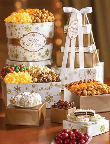 A STACKS OF GOOD CHEER B A GOLD SNOWFLAKE 5-TIER TOWER new! Bask in the glow of holiday lights and the graceful display of our Gold Snowflake tower.