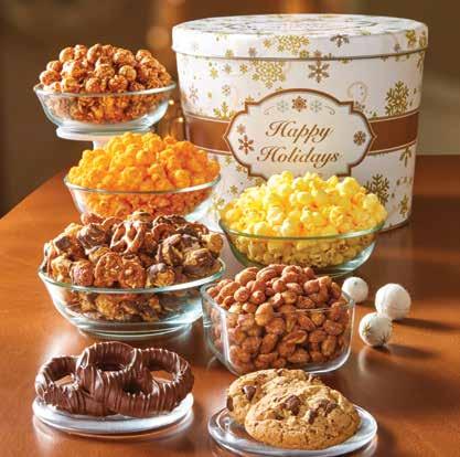 Chunk Cookies, Milk Chocolate Pretzels, Honey-roasted Peanuts, and 12 flavors of popcorn: Toffee Caramel & Sea Salt, Cracked Pepper & Sea Salt, Peppermint Kettle Corn, S Mores, Holiday Kettle Corn,