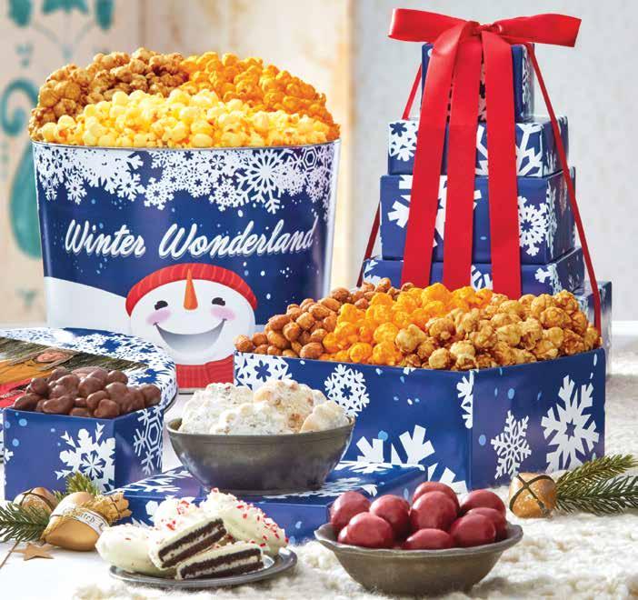 Cheese popcorn and Caramel popcorn. A 2-gallon tin is filled with 32 cups of yummy Butter, Cheese and Caramel popcorn. Tower serves 4 5. T08606 $79.
