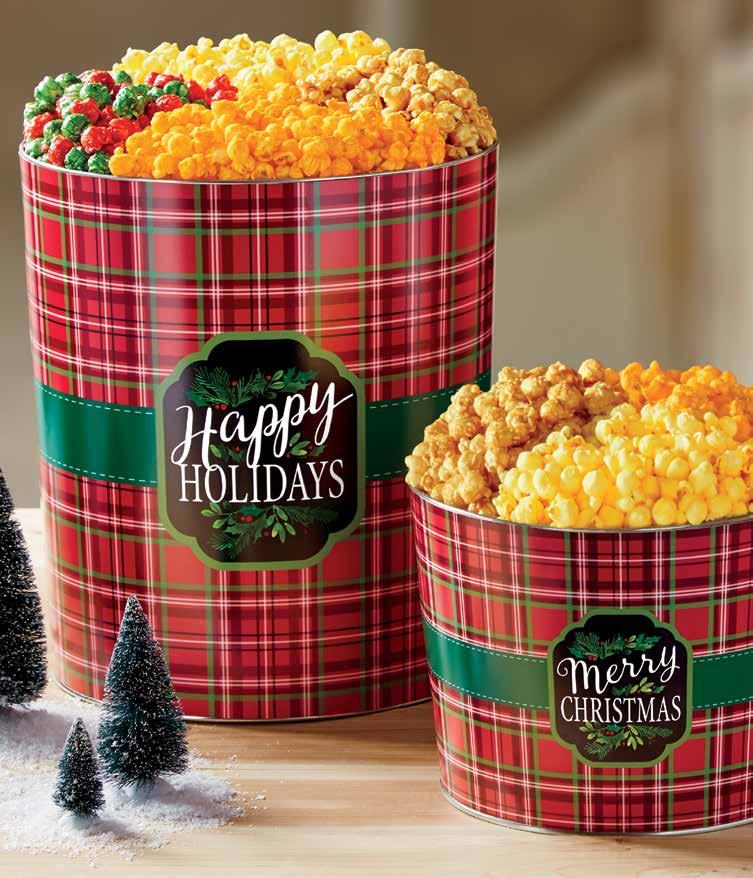NEW! Our Holiday Collection Now Includes Holiday Kettle Corn! MERRY CHRISTMAS AND HAPPY HOLIDAYS PLAID POPCORN TINS new!