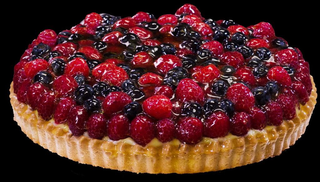 Our buttery cookie crust filled with a creamy vanilla custard and loaded with fresh Raspberries & Blueberries on top.