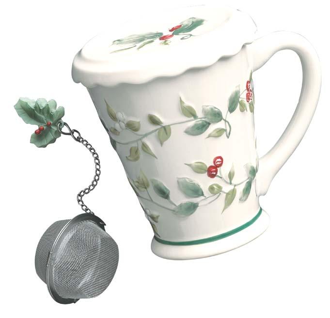 Covered Mug with Tea Infuser A thoughtful gift for the tea lover, the Pfaltzgraff Winterberry Covered Mug with Tea Infuser includes a stainless steel infuser with a detailed weight to hold