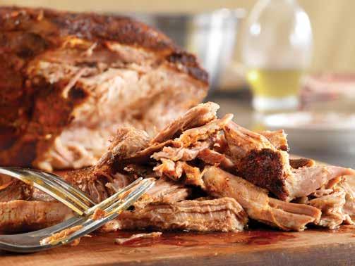 CHILI RUB GRILLED PULLED PORK 10 360 8-10 Calories: 480, Protein: 43g, Fat: 21g, Sodium: 940mg, Cholesterol: 105mg, Saturated Fat: 7g, Carbohydrates: 25g Fiber: 7g. 3 lb.