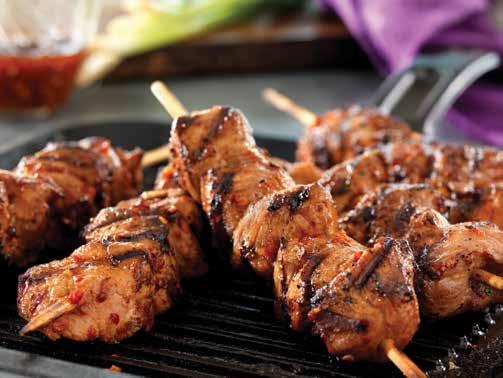SPICY KOREAN PORK SKEWERS 10 10 4 Calories: 330, Protein: 47g, Fat: 14g, Sodium: 300mg, Cholesterol: 170mg, Saturated Fat: 4g, Carbohydrates: 1g, Fiber: 0g. 2 lbs.