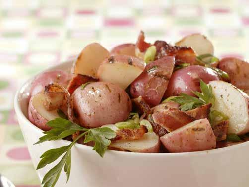 GRILLED NEW POTATO SALAD WITH BACON & SCALLIONS 15 20 6 Calories: 280, Protein: 6g, Fat: 18g, Sodium: 571mg, Cholesterol: 10mg, Saturated Fat: 4g, Carbohydrates: 21g, Fiber: 3g.