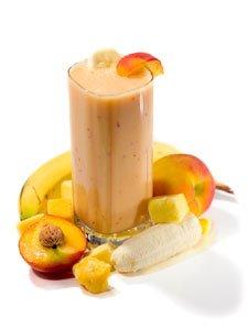 Banana Peach Smoothie 3 ripe peaches, peeled and sliced (frozen peach slices may be substituted) 1 large ripe banana 10 ice cubes 1 teaspoon vanilla extract 1 scoop low fat ice cream Mix all