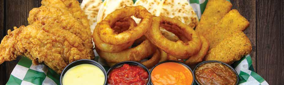 Combo Appetizer starters COMBO APPETIZER 15.95 (1955 CAL.) 3 crispy hand-breaded chicken tenders, 3 mozzarella planks, beer-battered onion rings and a cheese quesadilla. Served with 4 dipping sauces.