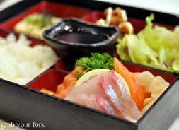 75 Dinner Box Miso soup,rice.green salad, 2pc Shrimp Tempura, Sushi roll, Fruit and 1pc pork gyoza.
