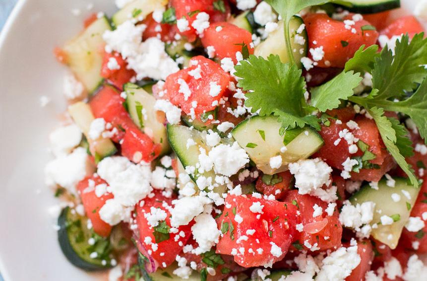 Watermelon, tabbouleh with marinated halloumi Allergens: G,Mk 600g seedless watermelon, chopped coarsely 400g halloumi, thickly sliced 625ml water 200g bulgur wheat 4 spring onions, chopped 2 garlic