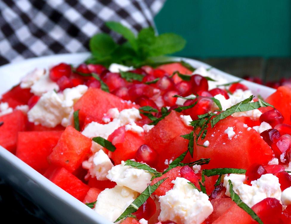 Watermelon, mozzarella & pomegranate salad Allergens: MK 500g watermelon, roughly cubed 200g mozzarella, torn into bite size pieces 100g pomegranate seeds 1 cucumber, diced 1 handful of parsley,