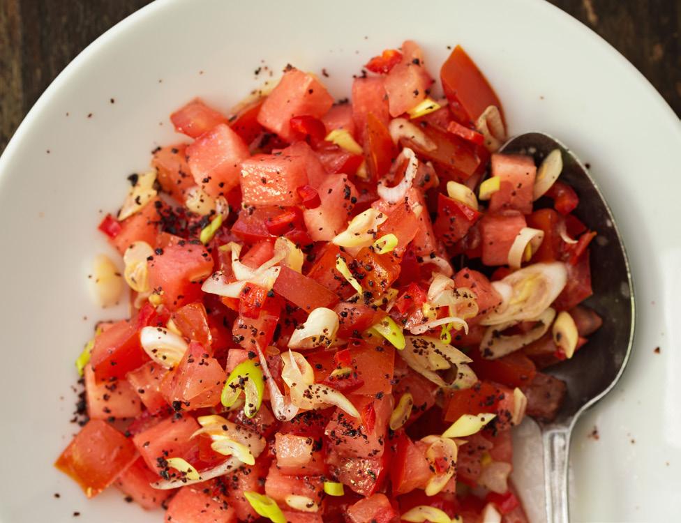 Spicy watermelon salsa with red onion & fresh coriander Allergens: So 1. In a serving bowl, mix together all ingredients. 2. Cover and refrigerate for at least one hour to combine flavours.