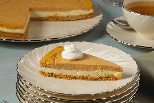 Pumpkin Layer Cheesecake Portions: 10 Serving size: 1/10 of 9" round pan 16 ounces cream cheese 3 tablespoons unsalted margarine 1-1/4 cups graham cracker crumbs 5 tablespoons granulated sugar 1/4