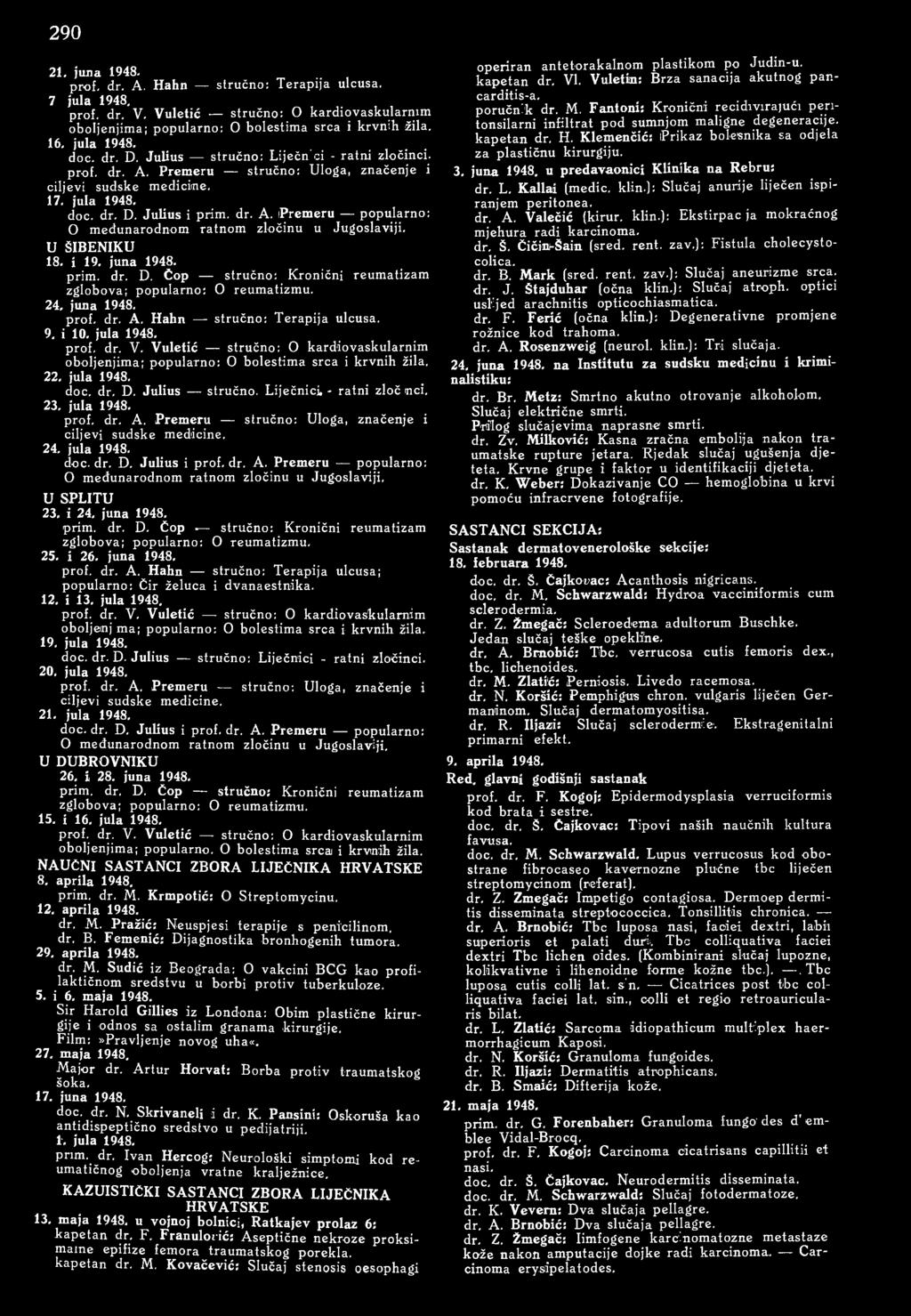 U ŠIBENIKU 18. i 19. juna 1948. prim. dr. D. Čop stručno: Kronični reumatizam zglobova; popularno: О reumatizmu. 24. juna 1948. prof. dr. A. Hahn stručno: Terapija ulcusa. 9. i 10. jula 1948. prof. dr. V.