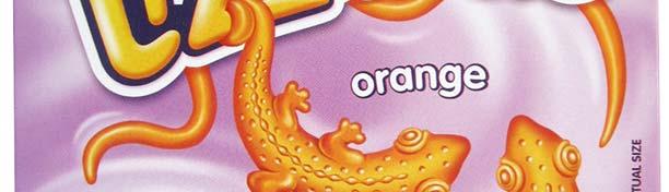 Lizard shaped orange flavored gummies.