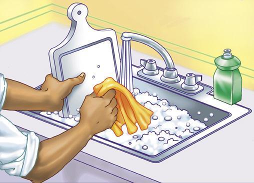 Clean during food preparation Wash cutting boards, knives, utensils and counter