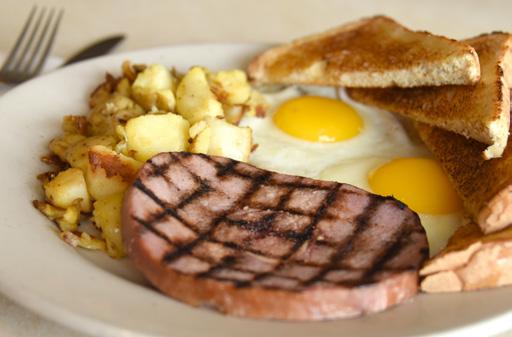 79 Mama Bear One egg cooked to your liking, served with choice of two bacon strips, sausage patty or ham, and one pancake $5.