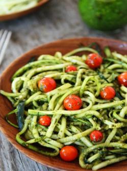 ZUCCHINI NOODLES WITH PESTO (SERVES 2)** INGREDIENTS: Pesto Sauce Put the following in the blender 1 cup pine nuts 1 cup olive oil 1/2 cup basil 1/2 cup parsley 3 cloves garlic 1 1/2 tsp.