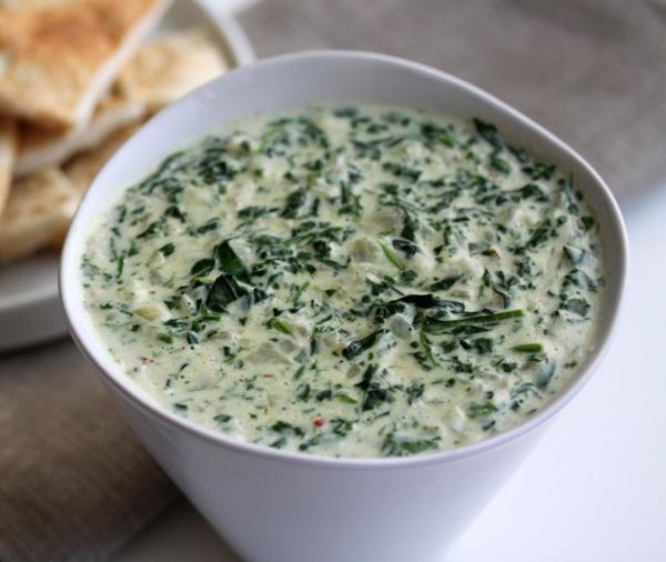 DASH Hot Spinach Dip This lightened up cheesy spinach dip is perfect for any gathering. You can double or triple the recipe as needed.