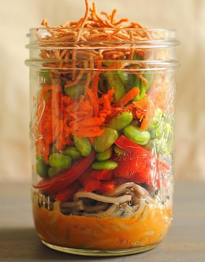 Asian Noodle Salad Jars Ingredients: For the Salad: 4 ounces soba noodles 1 red bell pepper, thinly sliced 1 cup shelled edamame, cooked 2 large carrots, peeled and shredded 4 green onions, thinly