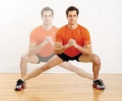 Side lunges Step right leg out to side and bend knee to 90 degrees, reaching hands down on either side of right foot.