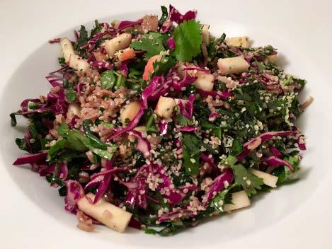 Kale & Red Rice Salad Prep: 10 min Cook: 15 min Yields: 1 serving 1 cup lacinato kale leaves sliced thin 1 cup red cabbage sliced thin ¼ cup cilantro chopped ½ apple diced 1 tablespoon hemp seeds Red
