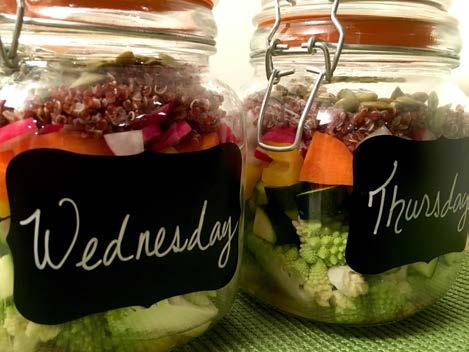 Mason Jar Salad Prep: 10 min Yields: *2 servings *bonus an extra serving for lunch this week ½ cup champagne vinaigrette made yesterday 1 small cauliflower break into small florets 1 large zucchini